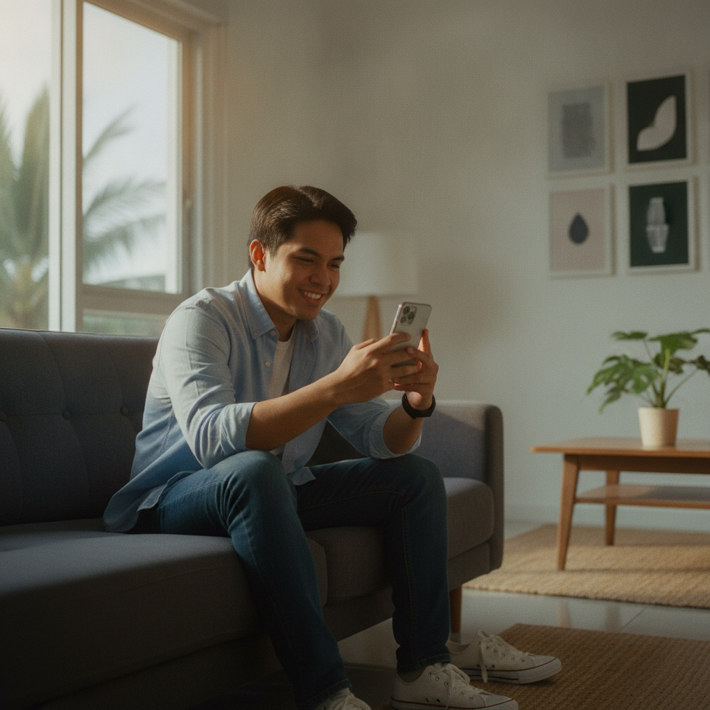 Filipino player using smartphone to access online casino at home